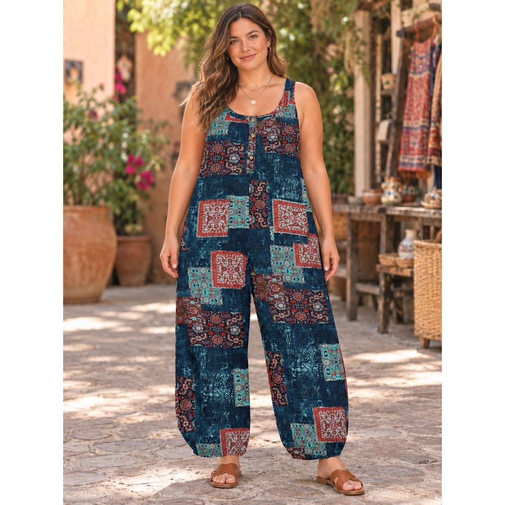 Boho Patchwork Cotton Harem Jumpsuit Overalls Women Large Teal Red